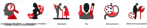 Six medical icons in red and black as phychological problem, gyecologic problem