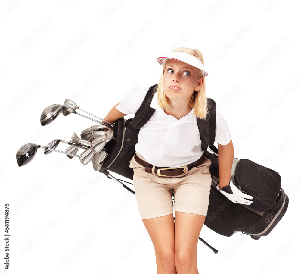 Sports, golf and woman in a studio with clubs for exercise, training or golfing motivation. Fitness, athlete and female golfer with a confused expression holding equipment by a white background. Sports, golf and woman in a studio with clubs for exercise, training or golfing motivation. Fitness, athlete and female golfer with a confused expression holding equipment by a white background.