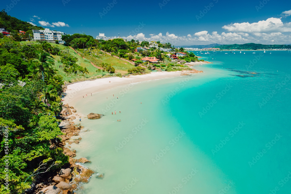 Tropical holiday beach with turquoise sea in Brazil. Aerial view