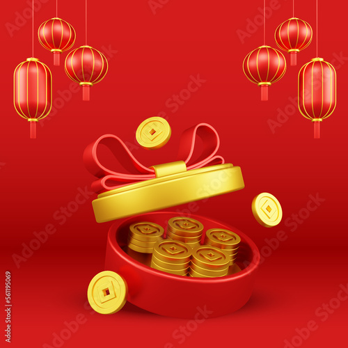 Chinese New Year 3D Illustration With Ornament For Event Promotion Social Media Landing Page gift box coins for chinese new year celebration