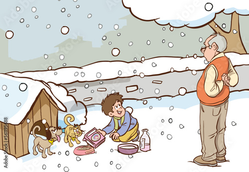 boy and his grandfather feeding stray animals while it is snowing cartoon vector illustration