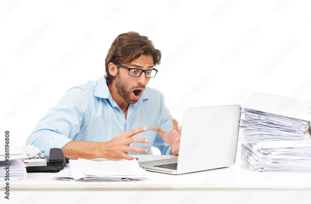 Laptop, paperwork and businessman with shock after reading information online in studio. Shocked, surprise and professional male employee with wtf or omg facial expression with computer and documents Laptop, paperwork and businessman with shock after reading information online in studio. Shocked, surprise and professional male employee with wtf or omg facial expression with computer and documents