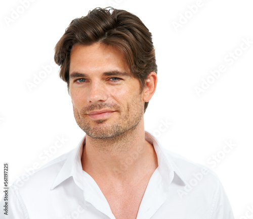 Portrait, handsome and fashion with a man model in studio isolated on a white background for beauty. Face, aesthetic and an attractive young male posing as a fashion model for contemporary style