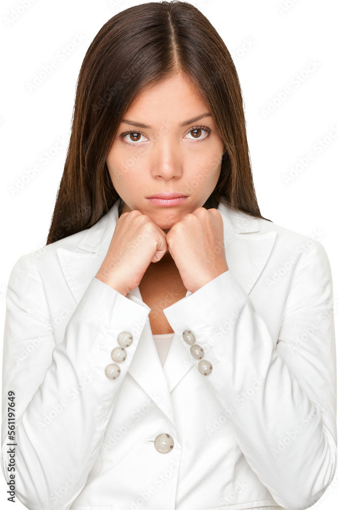 Portrait of unhappy young businesswoman with hands on chin isolated over white background. business woman in suit isolated in transparent PNG. Portrait of unhappy young businesswoman with hands on chin isolated over white background. business woman in suit isolated in transparent PNG.