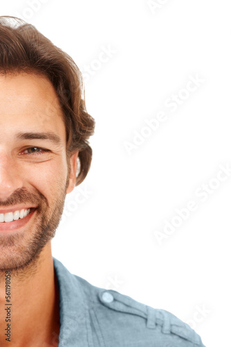 Happy, man and portrait of a model face with a smile and beard with isolated white background. Happiness, smiling and person alone feeling positive and joy standing with mockup space in studio