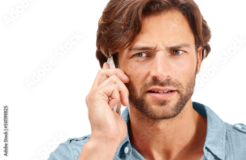 Scam phone call, confused and businessman on a white background for talking, discussion and communication. Corporate spam, networking and entrepreneur with stress, issue and problem on mobile phone