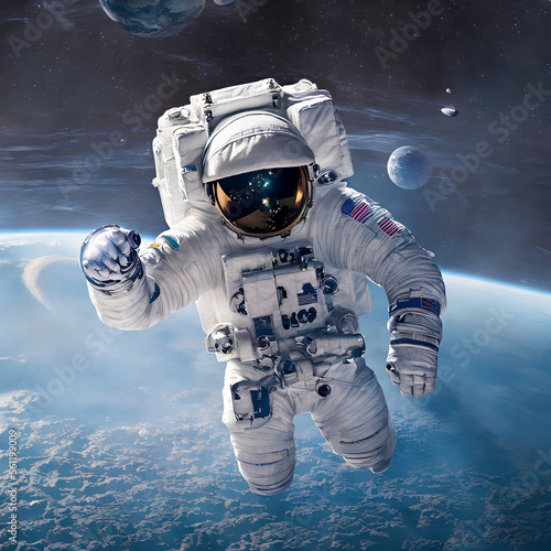Astronaut flying in space with planets in the background