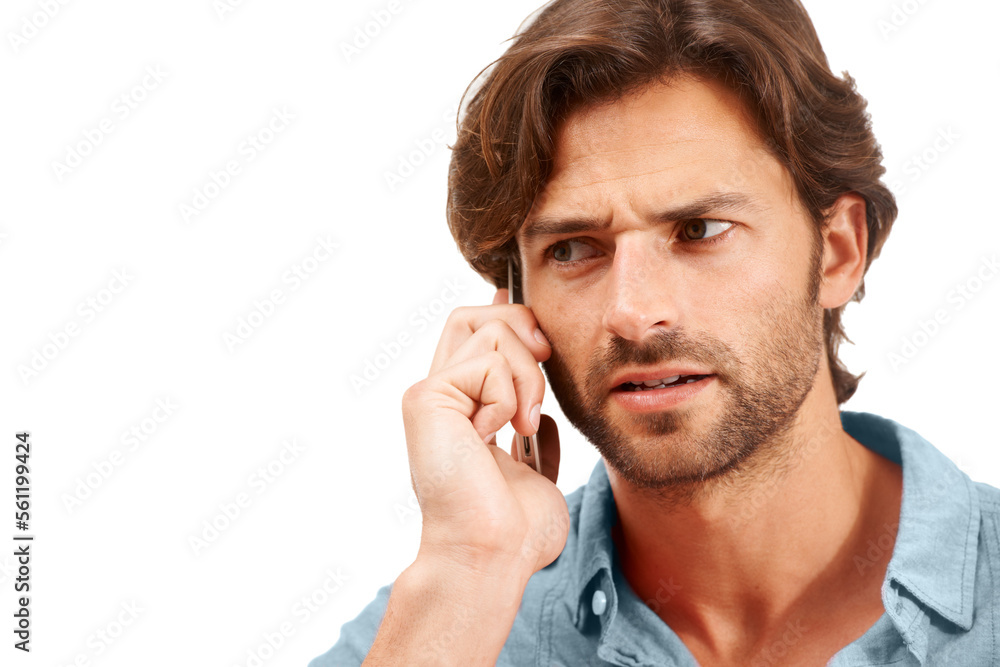 Scam phone call, confused and face of businessman on a white background for talking, discussion and communication. A spam, network and entrepreneur with stress, issue and problem on mobile phone Scam phone call, confused and face of businessman on a white background for talking, discussion and communication. A spam, network and entrepreneur with stress, issue and problem on mobile phone
