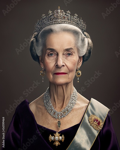 Smiling European queen studio portrait. Portrait created with Generative AI. photo