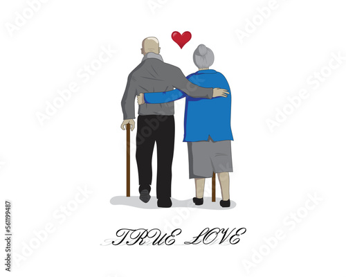 vector cartoon characters of a grandfather and a grandmother who are walking together side by side with a cane