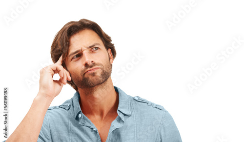 Creative businessman, thinking and wondering for idea, solution or thought against a white studio background. Isolated man with thoughtful expression pondering in contemplation for startup on mockup