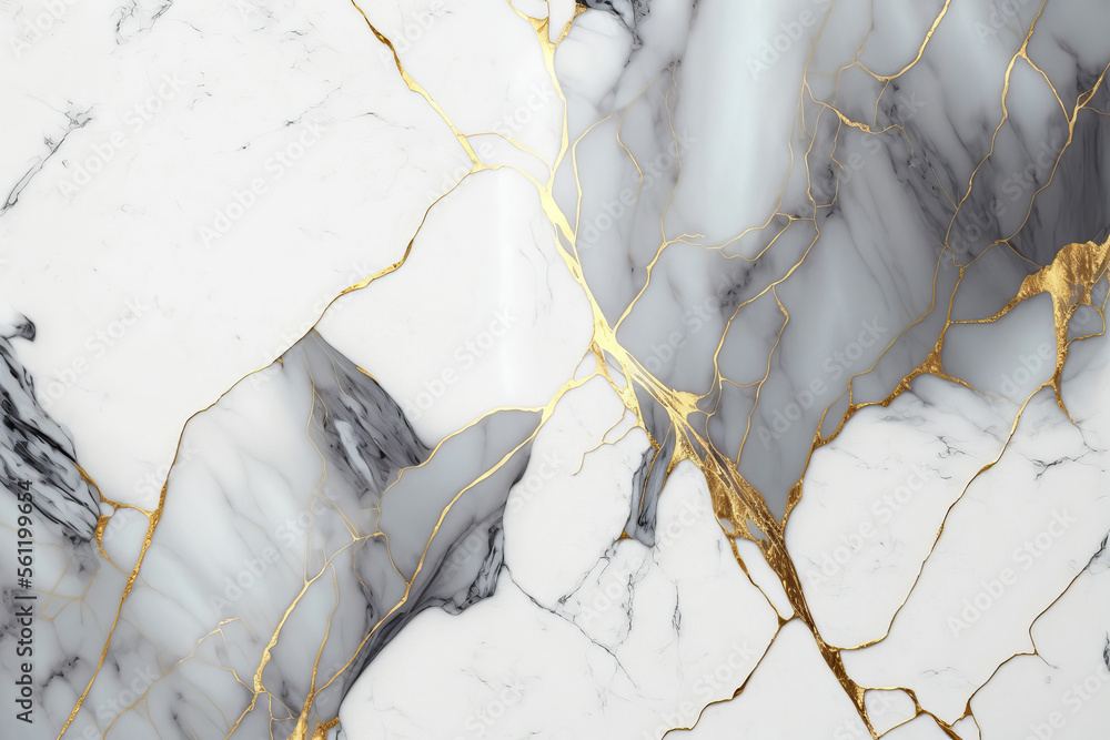 White marble texture background. Marble with gray and gold veins. Generative AI illustration