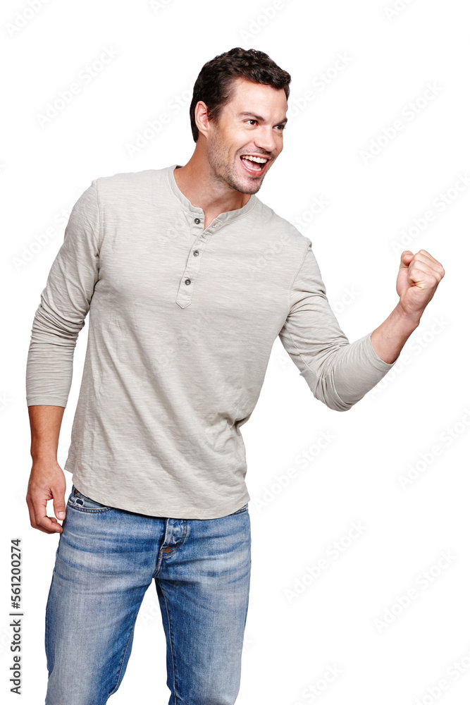 Happy, man and promotion in celebration for winning, discount or goal against a white studio background. Isolated male model winner with smile celebrating win, sale or achievement on mockup Happy, man and promotion in celebration for winning, discount or goal against a white studio background. Isolated male model winner with smile celebrating win, sale or achievement on mockup