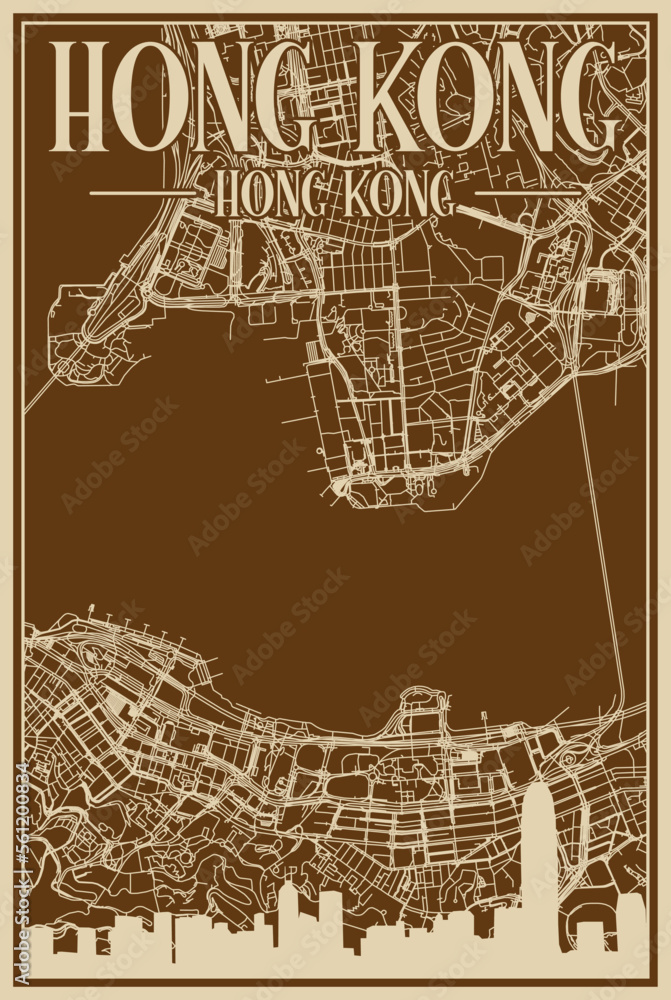 Obraz premium Brown hand-drawn framed poster of the downtown HONG KONG, CHINA with highlighted vintage city skyline and lettering