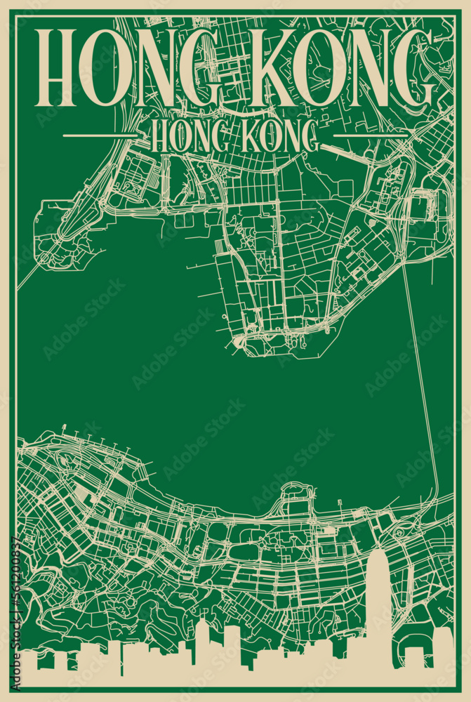 Obraz premium Green hand-drawn framed poster of the downtown HONG KONG, CHINA with highlighted vintage city skyline and lettering