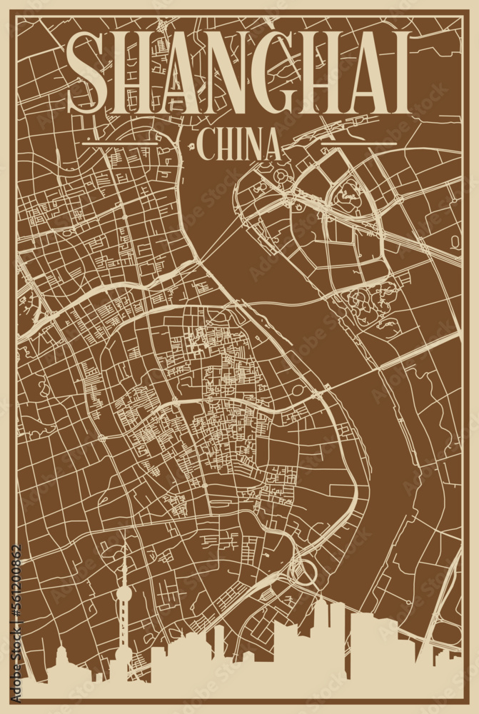 Obraz premium Brown hand-drawn framed poster of the downtown SHANGHAI, CHINA with highlighted vintage city skyline and lettering