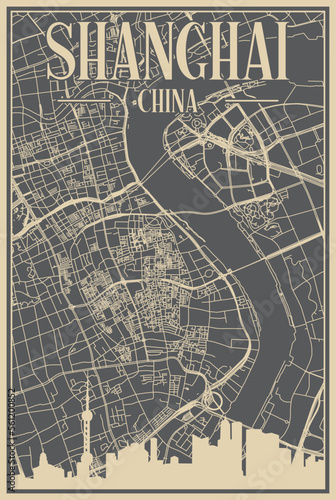 Photography Grey hand-drawn framed poster of the downtown SHANGHAI, CHINA with highlighted v