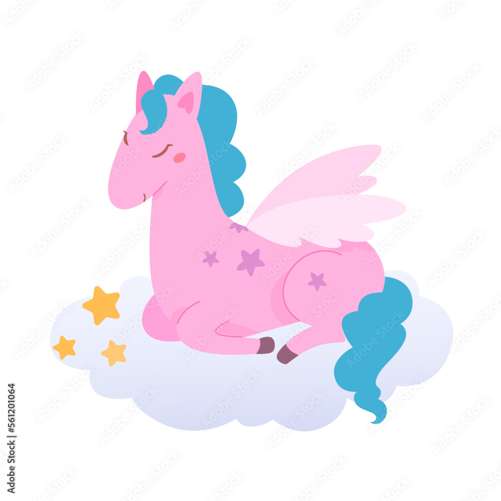 Cute pink horse with blue mane and tail flying on cloud, baby animal with wings dreaming