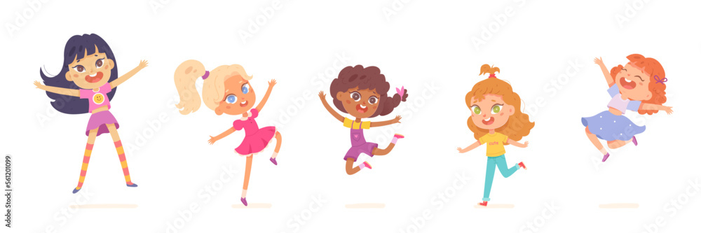 Happy kids jump set vector illustration. Cartoon isolated cute group of active children jumping, energetic different motions and expressions of funny girls, adorable carefree characters play Happy kids jump set vector illustration. Cartoon isolated cute group of active children jumping, energetic different motions and expressions of funny girls, adorable carefree characters play