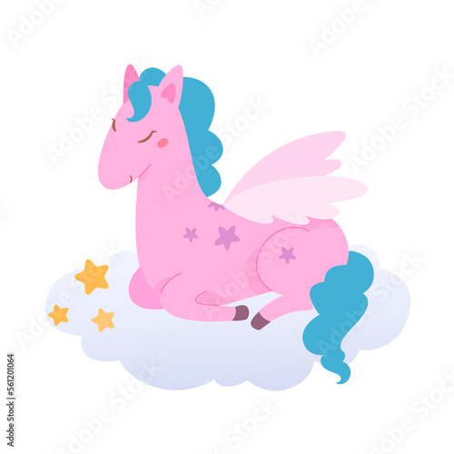 Cute pink horse with blue mane and tail flying on cloud, baby animal with wings dreaming