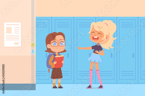 Kids bullying at school locker room, girl pointing finger at sad child with glasses