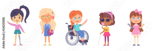 Disabled girls set, kid in wheelchair, children with prosthetic arm and leg, blind child