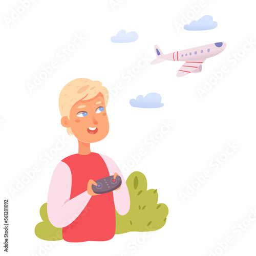 Man playing with radio controlled plane, pilot holding device to control RC airplane