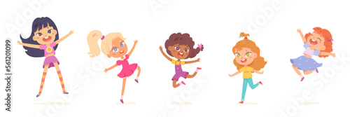 Happy kids jump set vector illustration. Cartoon isolated cute group of active children jumping, energetic different motions and expressions of funny girls, adorable carefree characters play