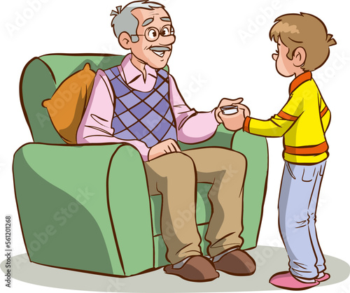 grandfather and grandson talking cartoon vector illustration