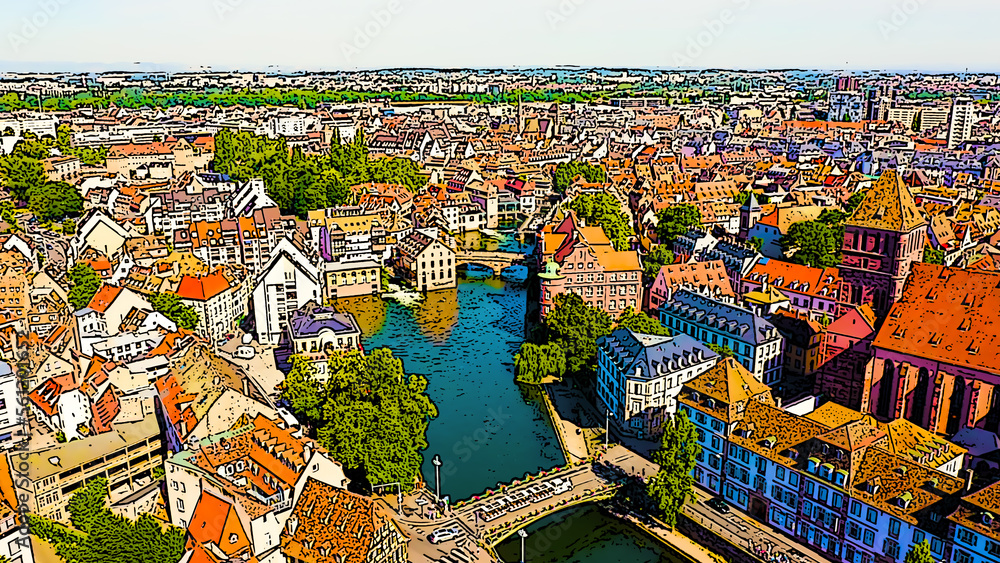 Strasbourg, France. Quarter Petite France. Bright cartoon style illustration. Aerial view