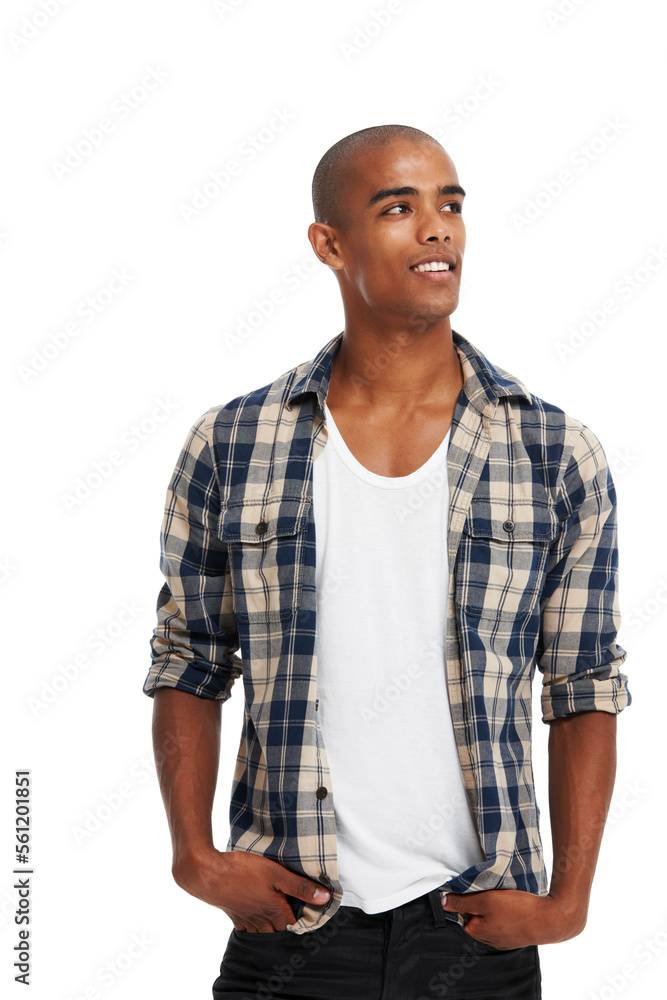 Happy young black man, studio and thinking of ideas, planning and goals. Cool guy, model and daydream for solution, opportunity and question on white background with mindset, decision and inspiration Happy young black man, studio and thinking of ideas, planning and goals. Cool guy, model and daydream for solution, opportunity and question on white background with mindset, decision and inspiration