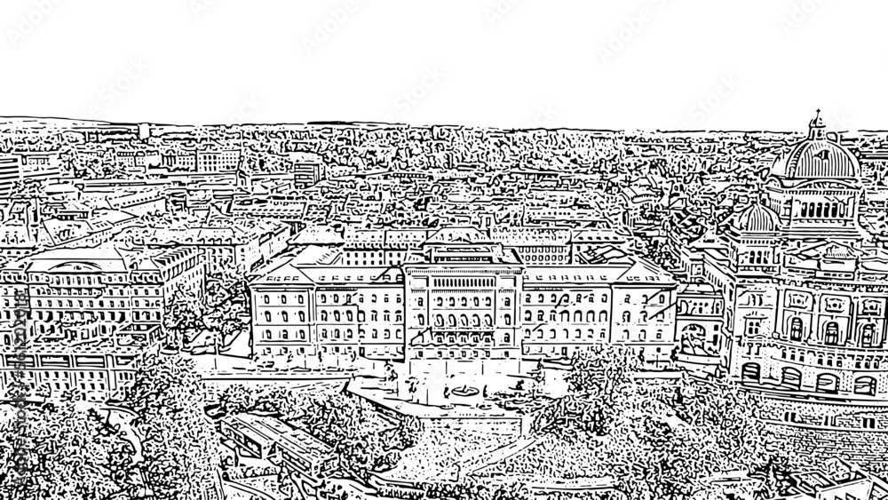 Bern, Switzerland. Federal Palace - Bundeshaus. Historic city center. Doodle sketch style. Aerial view