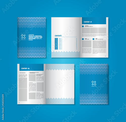 Multi-page design template layout with blue theme color and has 4 pages. Template layout of book, annual report, proposal, magazine and brochure.