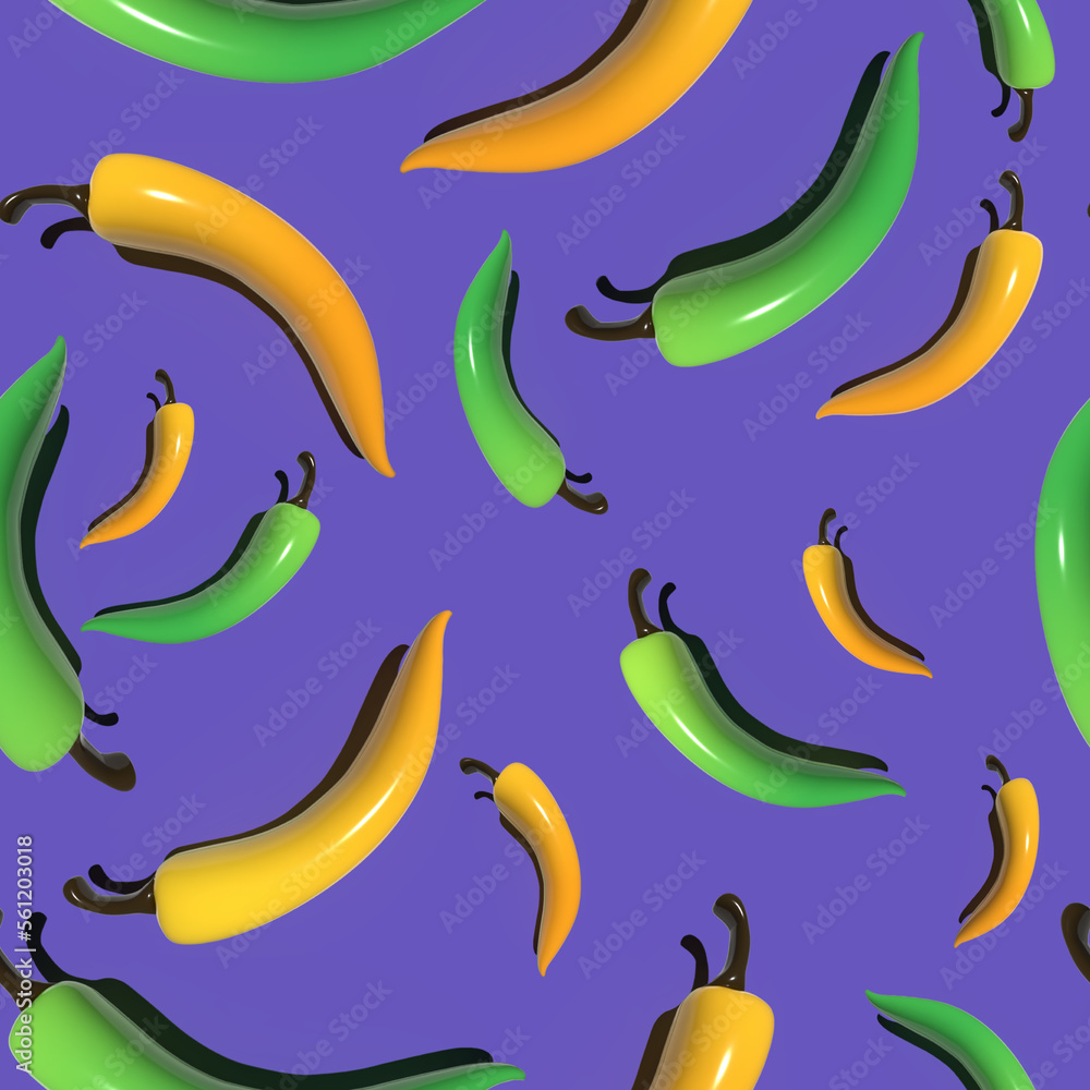 Seamless pattern with 3d green and yellow hot chilli peppers on violet background. For fabric, web, paper, print, website, wallpaper.