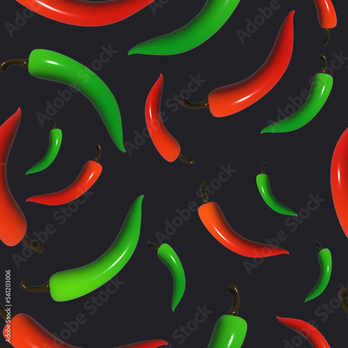 Seamless pattern with 3d red and green hot chilli peppers on dark, black background. For fabric, web, paper, print, website, wallpaper.
