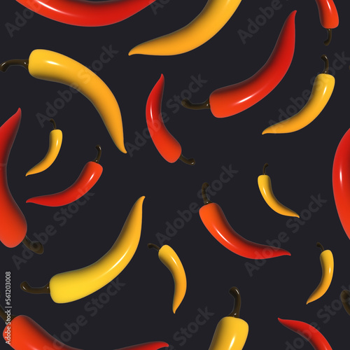 Seamless pattern with 3d red and yellow hot chilli peppers on dark, black background. For fabric, web, paper, print, website, wallpaper.