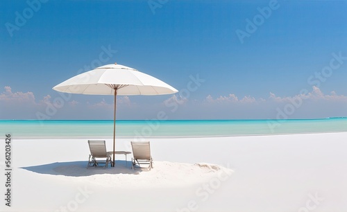 Paradisiac white sandy beach with two chairs and an umbrella. Panoramic view. Generative AI illustration.