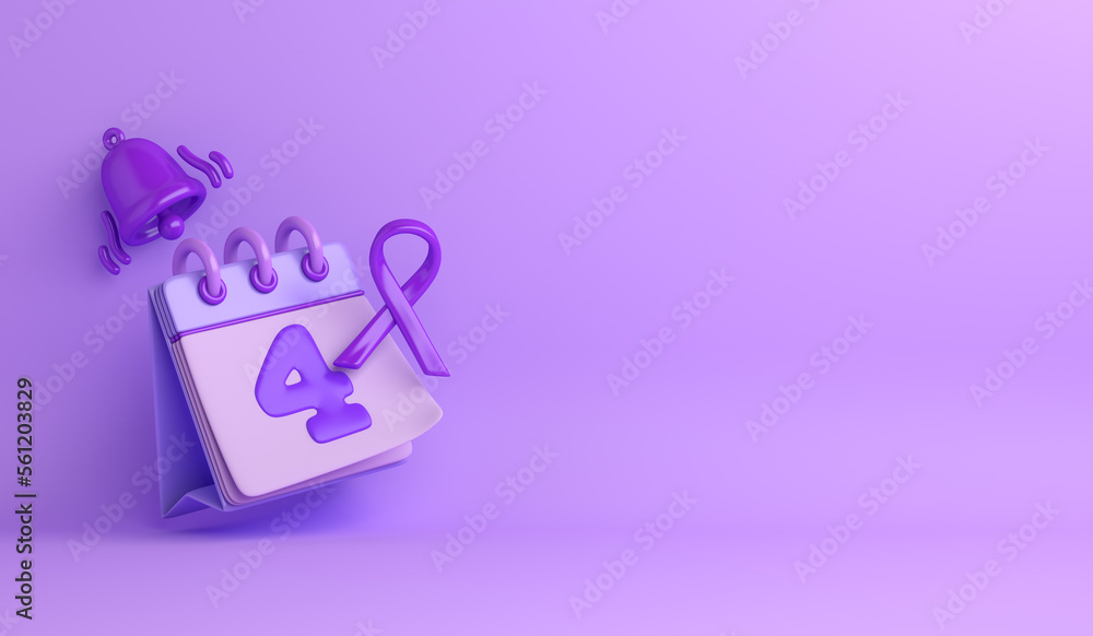 World cancer day concept with awareness lavender ribbon, February 4th calendar, notification bell, decoration background, copy space text, 3d rendering illustration
