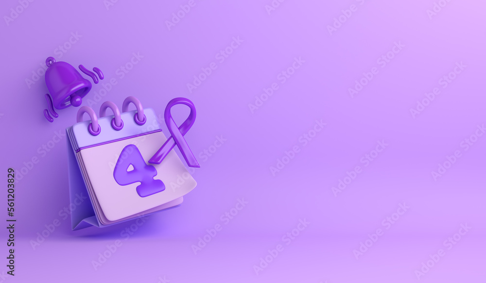 World cancer day concept with awareness lavender ribbon, February 4th calendar, notification bell, decoration background, copy space text, 3d rendering illustration World cancer day concept with awareness lavender ribbon, February 4th calendar, notification bell, decoration background, copy space text, 3d rendering illustration