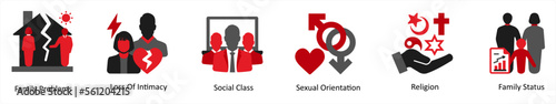 Six mix icons in red and black as family problems, loss of intimacy, social class