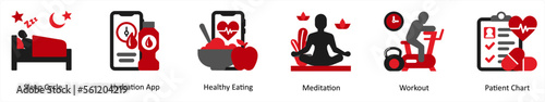 Six mix icons in red and black as sleep cycle, hydration app, healthy eating