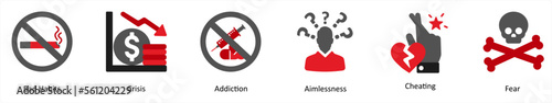 Six mix icons in red and black as bad habits, crisis, addiction