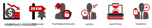 Six mix icons in red and black as crisis, 20 kilometer, psychological insecurity