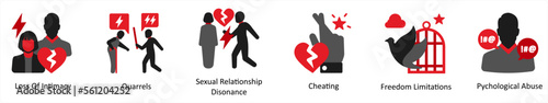 Six mix icons in red and black as loss of intimacy, quarells, sexual relationship disonance
