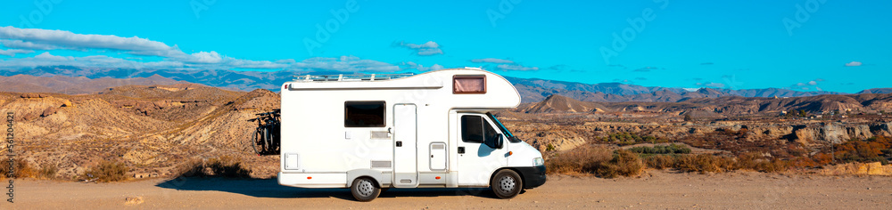 motorhome on the road to Tabernas desert- Andalusia in Spain