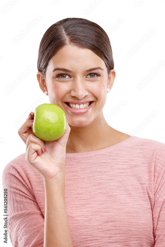 Health, apple and smile with portrait of woman for nutrition, diet and weight loss choice. Fiber, food and vitamins with isolated face of girl eating fruit for wellness, organic and natural in studio Health, apple and smile with portrait of woman for nutrition, diet and weight loss choice. Fiber, food and vitamins with isolated face of girl eating fruit for wellness, organic and natural in studio