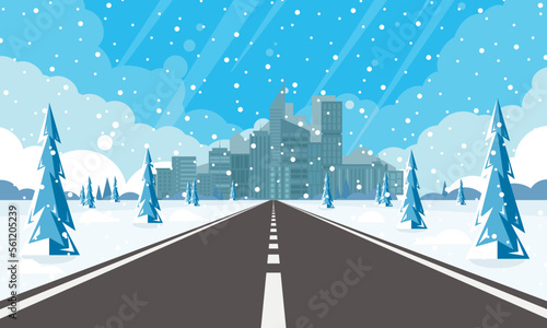 Winter road and falling snow. Rural winter landscape with trees and highway. Highway to city