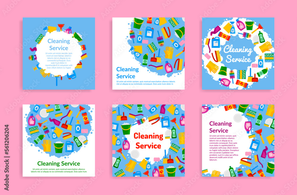Cleaning service social media post internet advertising set vector illustration