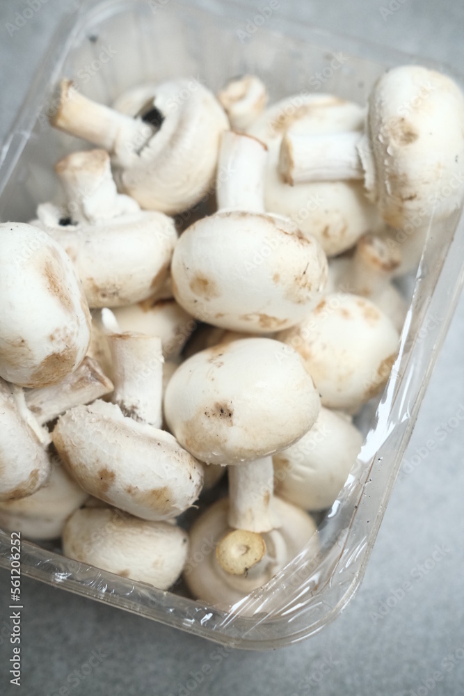 Champignon mushrooms in the plastic box at the grey background Champignon mushrooms in the plastic box at the grey background