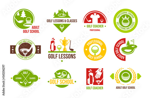 Golf lessons class emblem athletic competition game learning set vector flat illustration